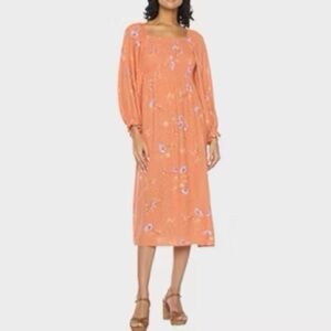 a.n.a A New Approach Floral Smocked Maxi Dress Orange 1X Long Sleeve Boho